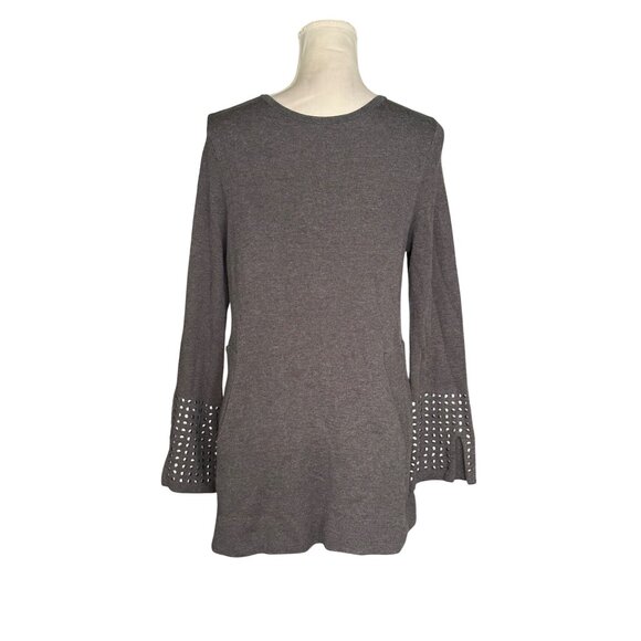 Nic And Zoe Studded Cuff Tunic Top Bell Sleeves Pockets Gray Sz PM - Picture 3 of 10